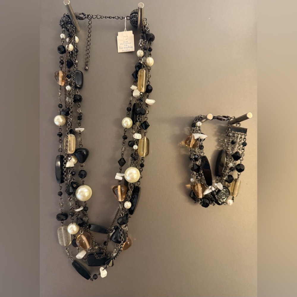 Multi-Strand Pearl & Bead Necklace and Bracelet Set - Black, Cream & Gold Tones